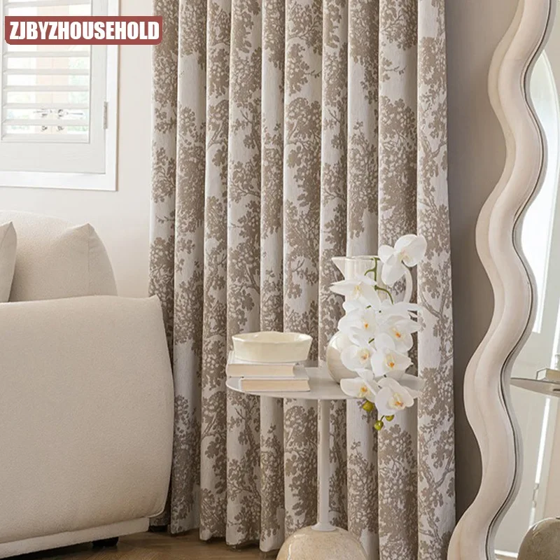 French Curtains for Living Dining Room Bedroom American Vintage Rococo Style Poplar Plum Tree Chenille Milk Tea Color