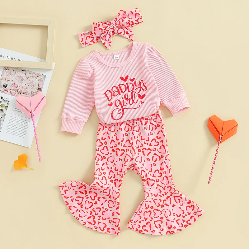 

Valentines Day Baby Girl Outfit Daddys Girl Ribbed Bubble Romper Bell Bottom Headband 3Pcs Newborn Girl Clothes