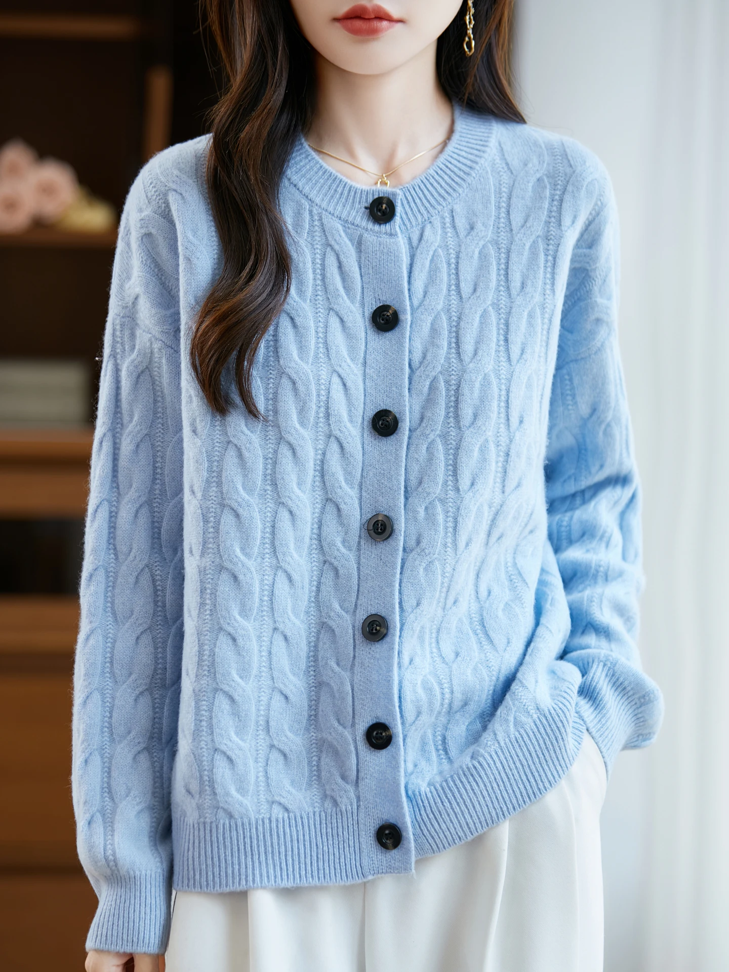 

TLOML Women's O-neck Wool Cardigan Cable Knit Black Button Cashmere Sweater 100% Merino Wool Knitwear Autumn Winter Thick Tops