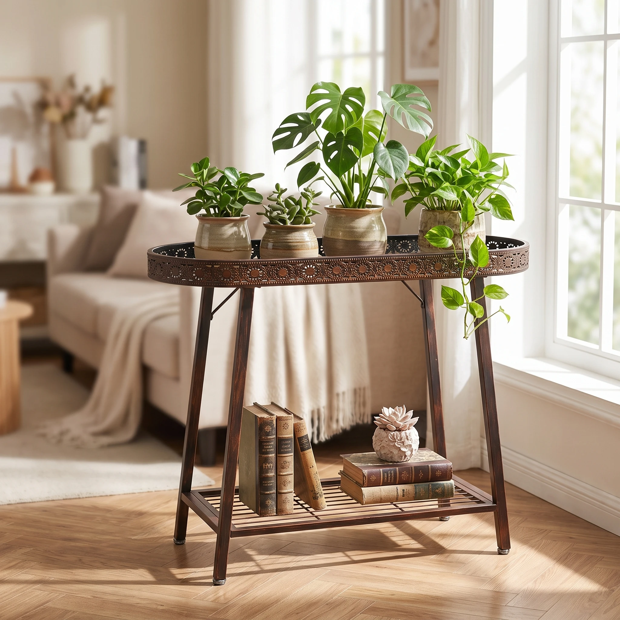 2-Tier Metal Plant Stand, 31.5 Inch Vintage Flower Pot Display Shelf with Distressed Bronze Finish and Adjustable Feet, 55 lbs per Tier, for Plant Lovers, Living Rooms and Covered Patios