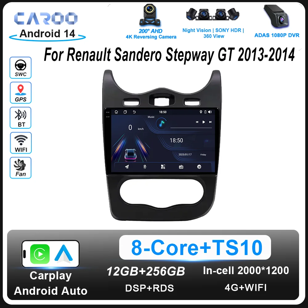 

Автомобильный радиоприемник Android 14, стерео для Renault Sandero Stepway GT 2013-2014, авто головное устройство, 4G плеер, мультимедийный Carplay, GPS-навигация