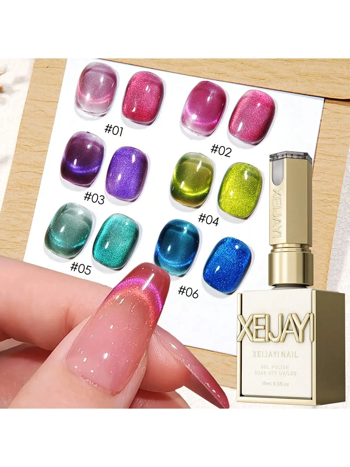 

XEIJAYI 6PCS 15ml Dopamine Dual-Tone Reflective Cat's Eye Magnetic Gel Soaking UV LED Gel Salon Female Nail Art Tools