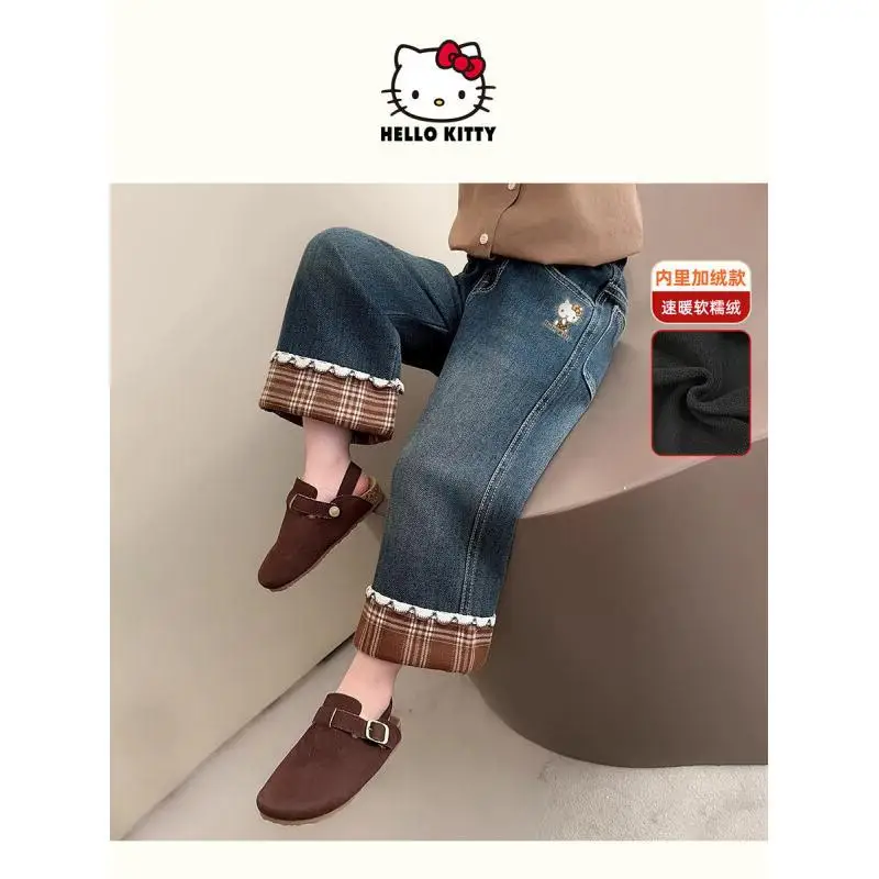 

Джинсы Sanrio Hello Kitty для девочек, осенняя новинка 2025 года, модные, для детей среднего и старшего возраста, с отворотами, в клетку, в стиле пэчворк