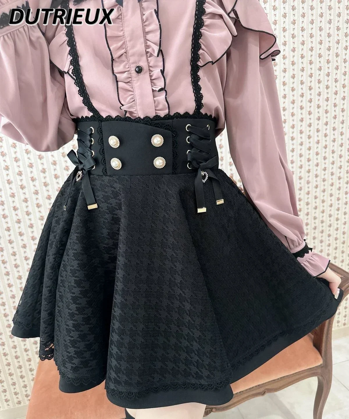 

Ribbon Lace Pleated Lolita Sweet Cute High Waist Short Skirts for Women Bow Pleated Skirt Japanese Style Summer Casual Skirt