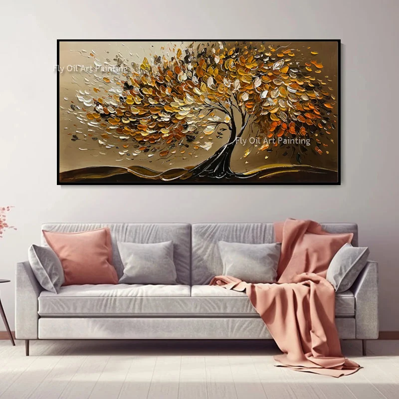 Large Hand Painted Green Beige Canvas Knife Thick Oil Painting As Gifts Abstract Brown Golden Yellow Tree Landscape Wall Art Dec