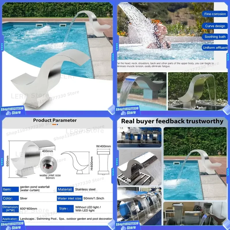 Stainless Steel Wall Mounted Waterfall Feature for Outdoor Spa Pool Swimming Garden Water Curtain Decoration Accessories High