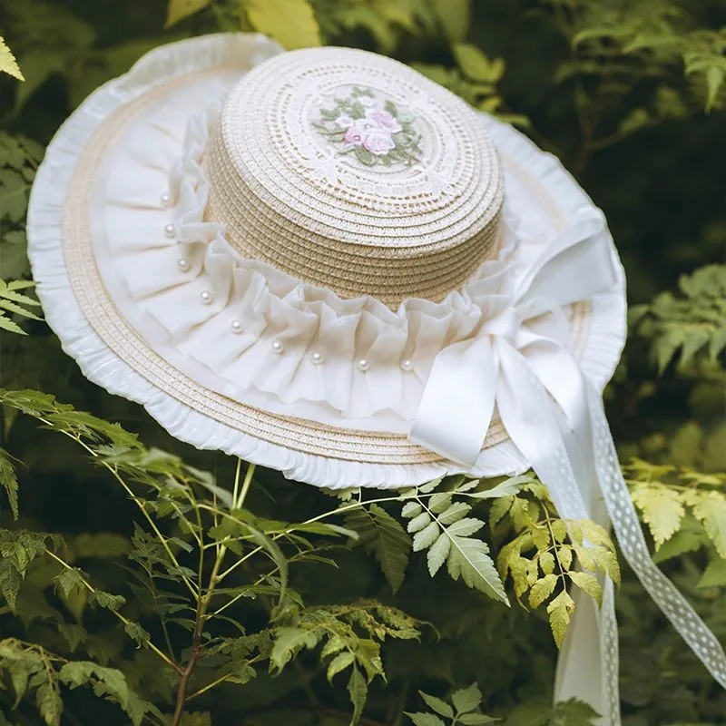 Original feito à mão doce lolita laço chapéu de palha elegante feminino vintage vitoriano flor fita bandagem chá festa mori menina boné plano