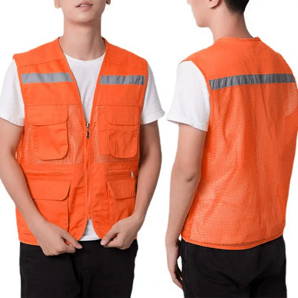 Adults Work Waistcoat Reflective Safety Waistcoat V-neck Zipper Placket Mesh Vest Jacket Outdoor Work Waistcoat Summer Safe Vest