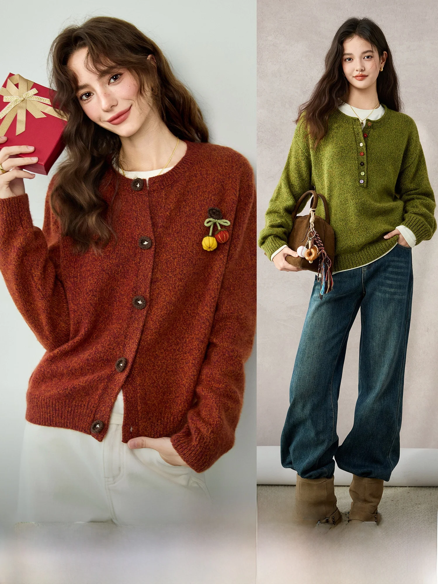 

NAGUAGU Pumpkin Valley Knitted Warm Color Yarn Winter Vintage Half Open Front Layering Knitted Cardigan Women's Fashion