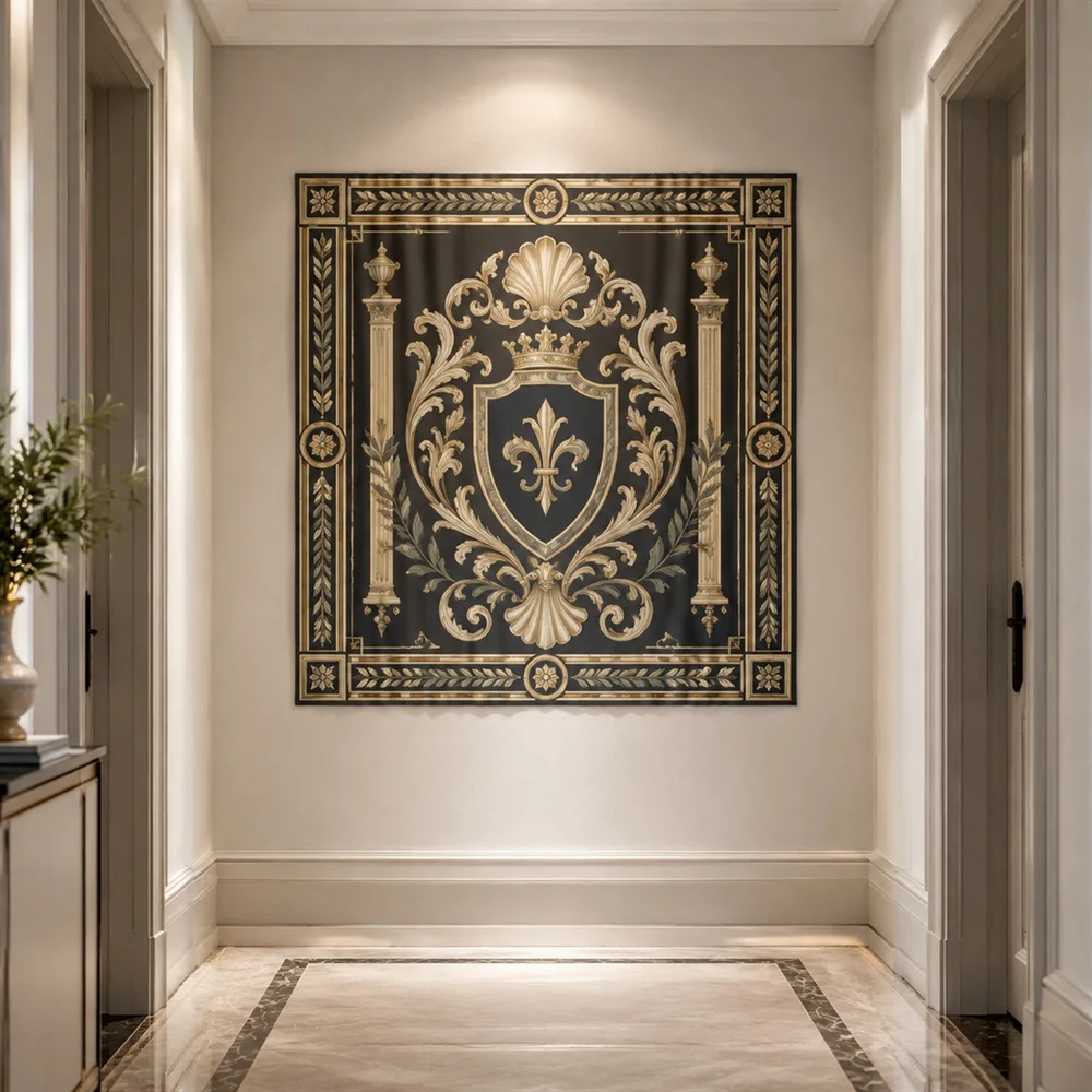 VIKAMA Geometric Crest Motif Center Panel Tapestry Wall Hanging, Neoclassical Wall Art Tapestries for Bedroom Living Room Study