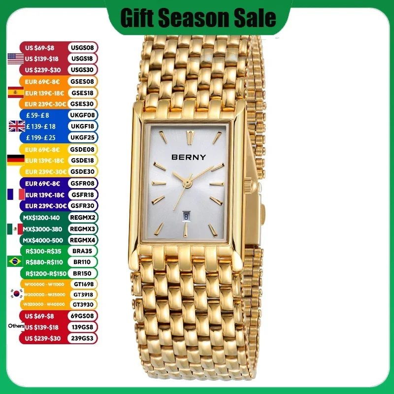 BERNY Quartz Men Watch Luxury Gold Brand Men\'s Wristwatch Square Waterproof Clock Stainless Steel Golden rectangular Men Watch