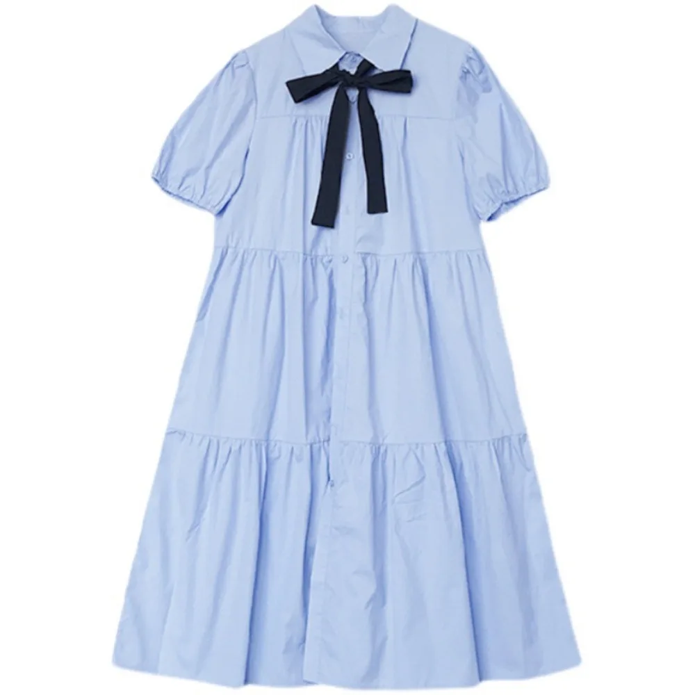 

Casual Bowknot Girl Princess Dress Preppy Style Loose Teenagers Shirt Dress Sweet Puff Short Sleeve Children Bubble Dresses Kids