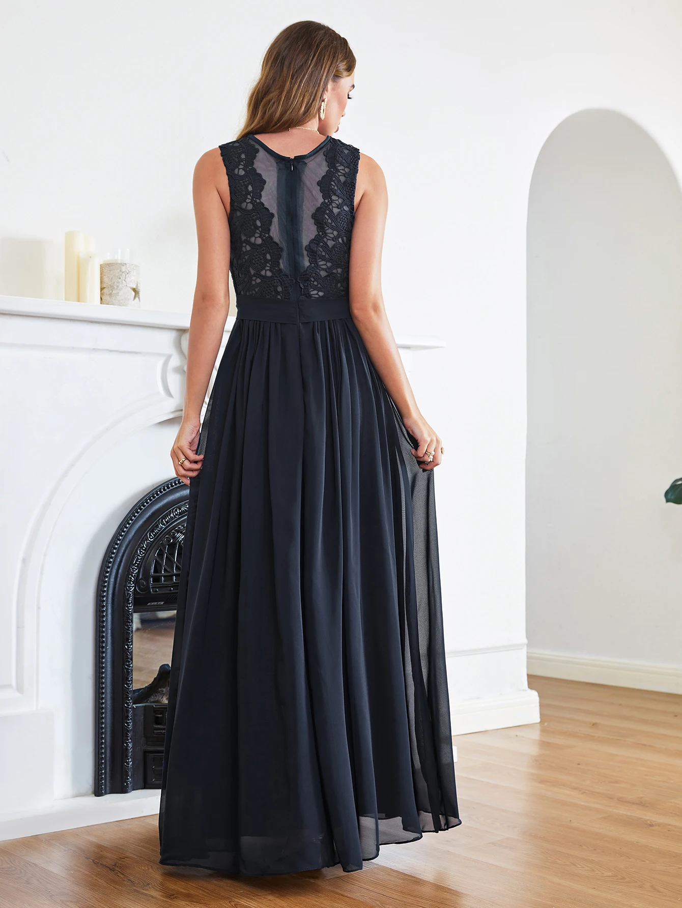 Long Chiffon Lace Navy Blue Prom Dresses Women Sleeveless Illusion Elegant Formal Wedding Evening Party Gowns Robe De Soiree