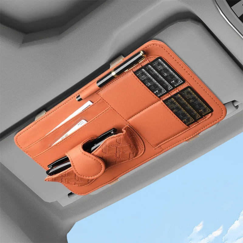 Car Sun Visor Glasses Holder Multi-Pocket Pouch Bag Storage Box Luxury PU Leather Eyeglasses Clip Card Slots Car Interior