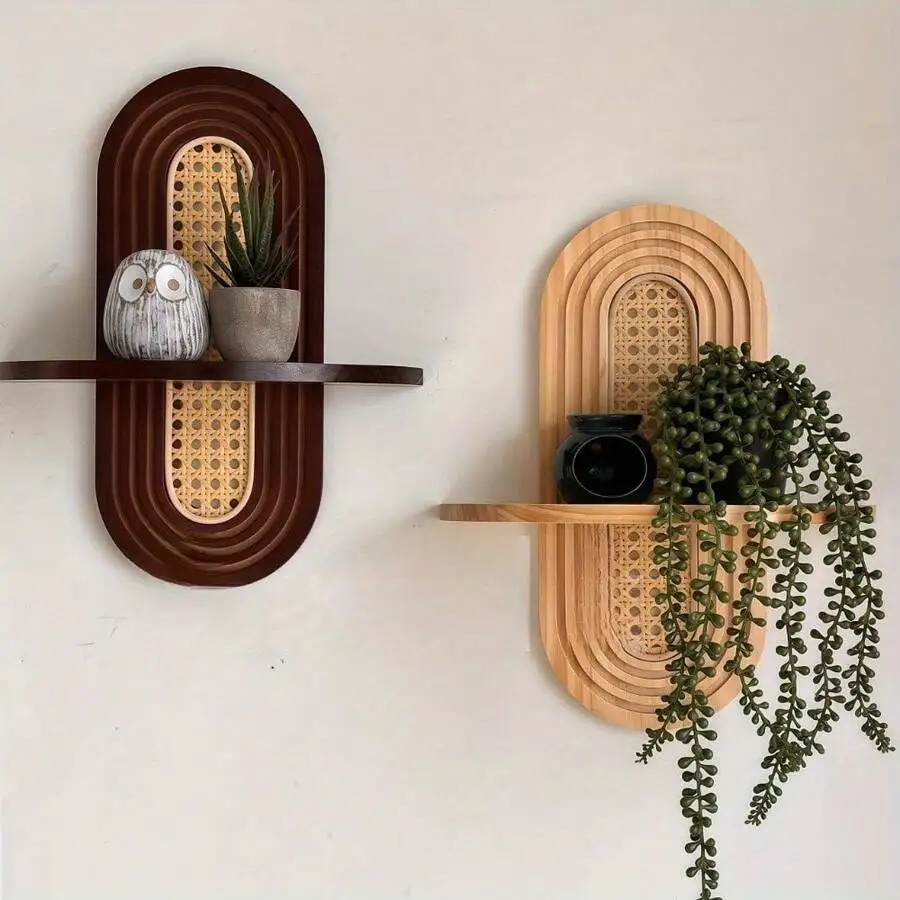 1pc Arched Bohemian Floating Shelf – Natural Wood & Woven Rattan Back, Easy Hanging, For Living Room/Bedroom/Bathroom (Displays