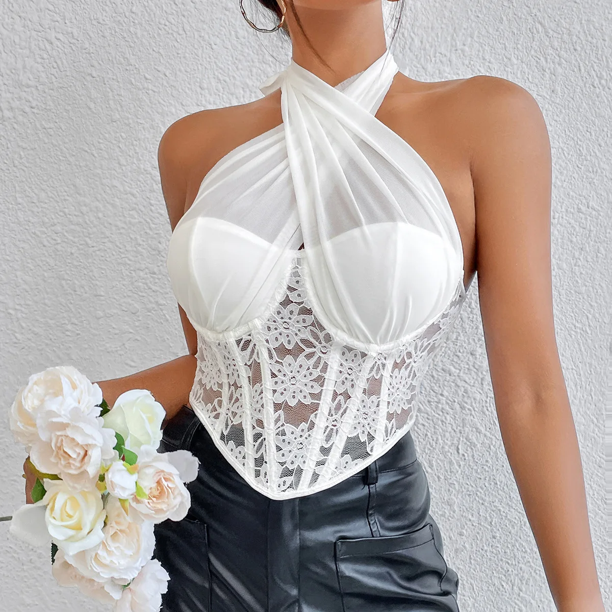 Experience Unmatched Elegance in 2024 with our Lace Mesh Cross Strap Halter Diamond Fishbone Vest Solid Color Top womens tops