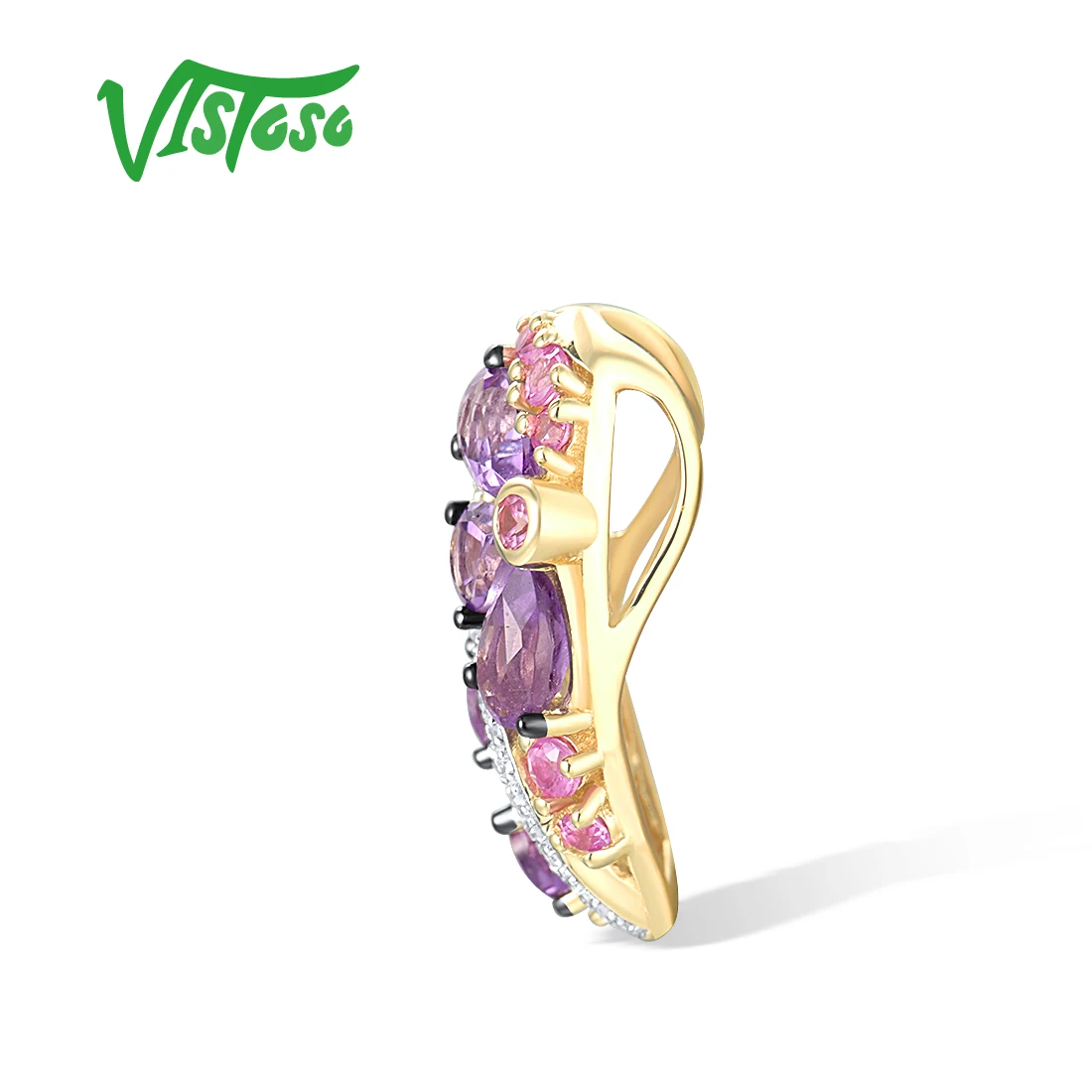 VISTOSO Authentic 14K 585 Yellow Gold Pendant For Women Diamond Purple Flower Amethyst Pink Sapphire Fine Gorgeous Jewelry