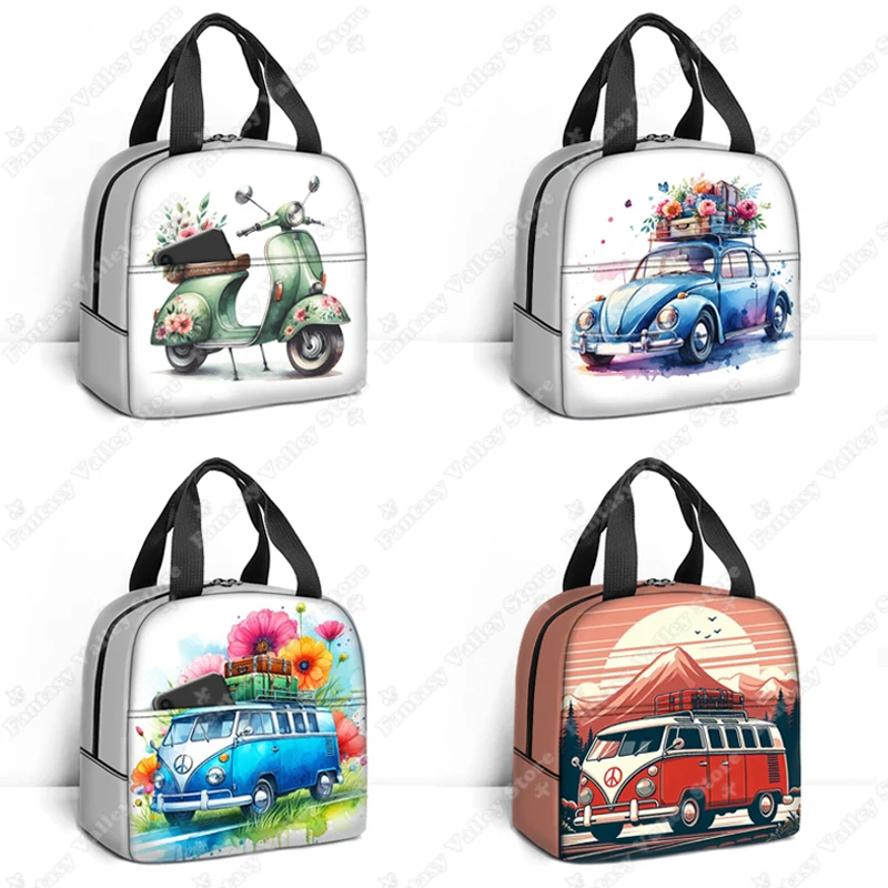 Watercolor Travel Car Print Lunch Bag Electric Motorcycle School Bus Flowers Lunch Box Outdoors Portable Thermal Lunch Bags Gift