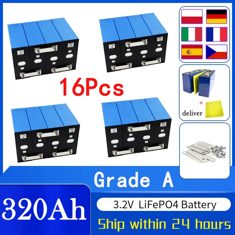 16pcs 3.2V 320Ah Lifepo4 Battery 8000 Cycles Rechargeable Batteri DIY 12V 24V 48V RV EVGolf Carts Home Energy Storage Cells Pack