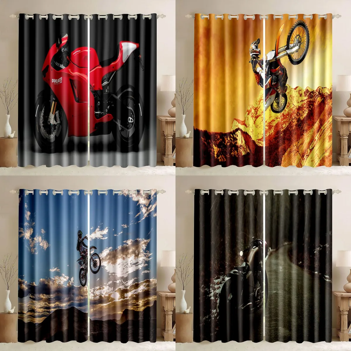 Motorcycle Window Curtains,3D Dirt Motocross Bike Rider Silhouettes Crossing The Road in Motocross Race Thick Blackout Curtains