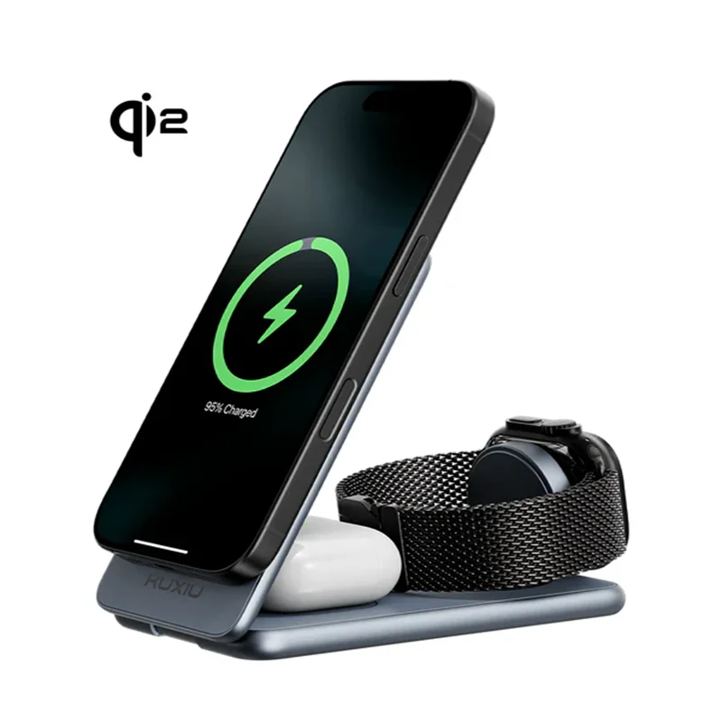 KUXIU X41Q Сертифицированная Qi2 складная подставка для зарядки MagSafe 3-в-1 для iPhone 16, 15, 14, 13, 12 Pro Max, серия Apple Watch, AirPods 3 2
