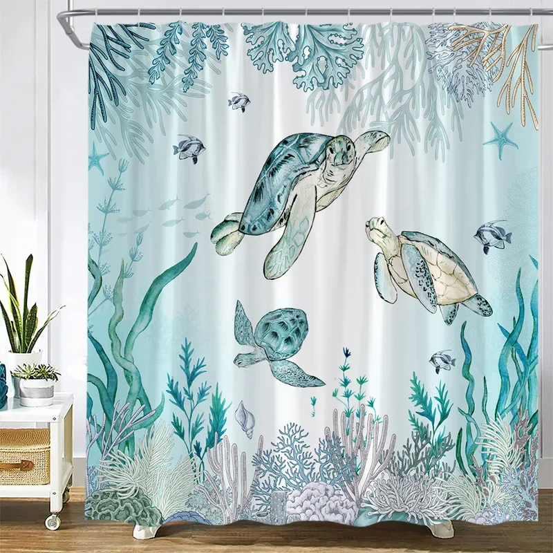 Ocean Animals Shower Curtain Sea Turtle Fish Starfish Seaweed Coral Underwater Scenery Waterproof Fabric Bathroom Decor Curtains