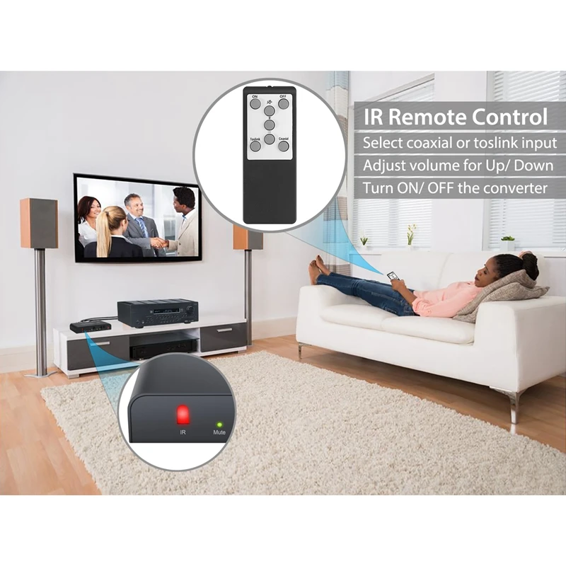 DT23 Digital to Analog Audio Converter DAC with IR Remote Volume Control Coaxial Optical Toslink to RCA 3.5mm