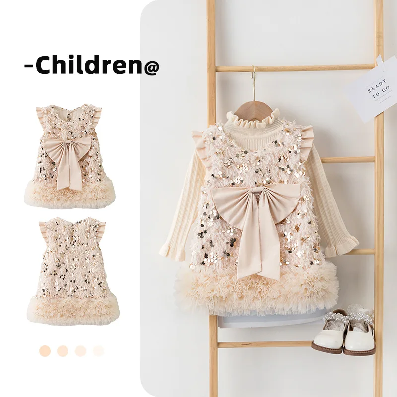 Princess Baby Girls TUTU Dress Kids Children Vest Dress Big Bow Sequins Sleevess Formal Dress Spring Autumn Girl Party Clothes