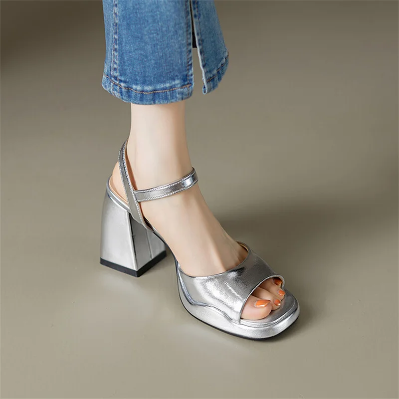 Gold Silver Sandals Woman Summer 2024 New Fish Toe Stiletto Sandals Social Shoes Medium Heel Roman High Heels Party Elegant