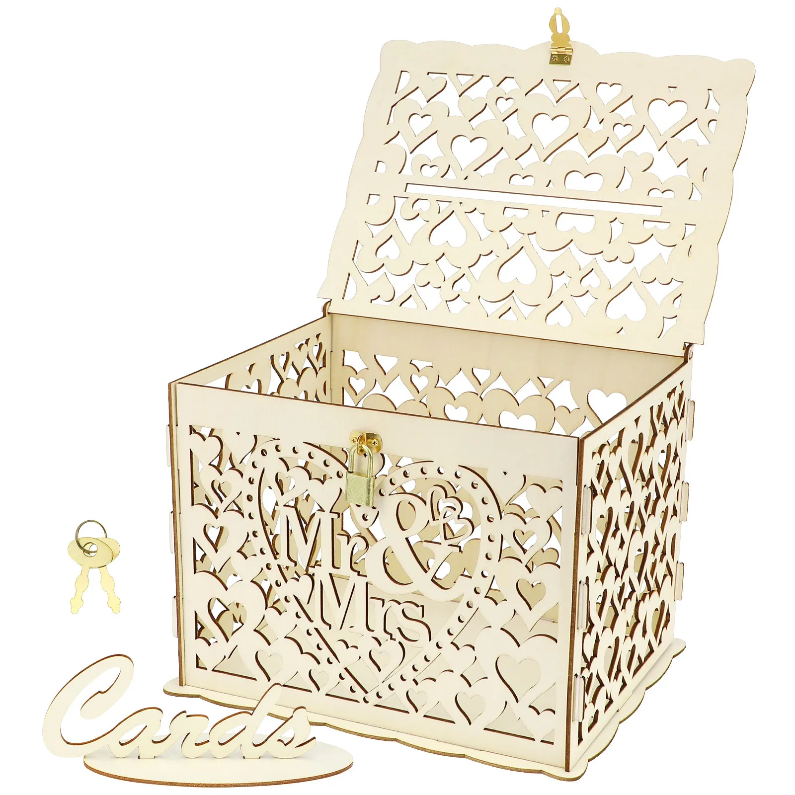 

12pcs Wooden Wedding Box For Cards Flowers, Hollow Love Design With Lock Key, Handmade Gift Storage, Diy Mr Mrs Favor Box,