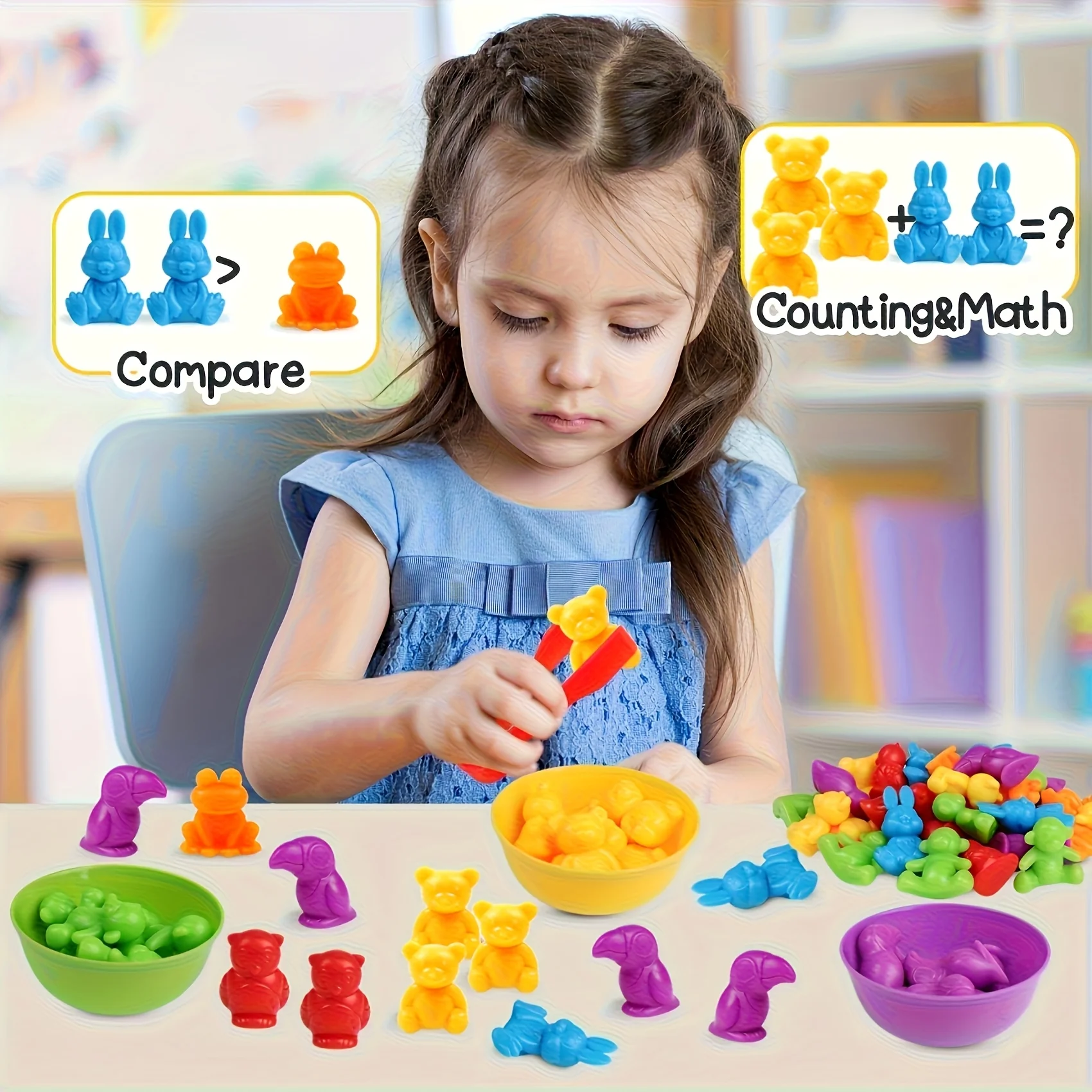 

Развивающие игрушки, такие как классификация животных, счетные игрушки, игры на совпадение и миски для сортировки. Набор игрушек с сенсорным мотором