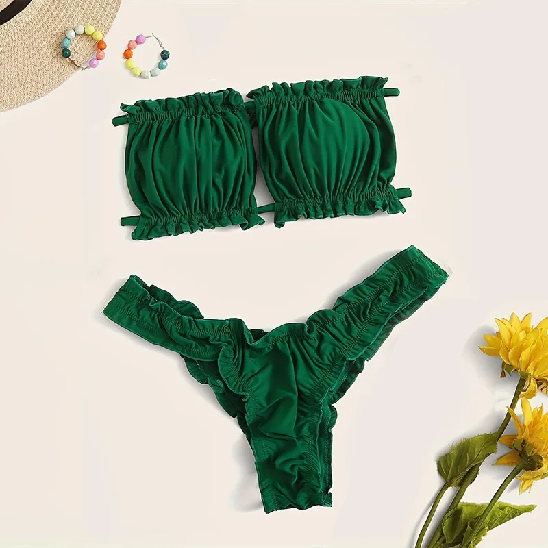 Sexy Green Wrinkled Ruffles Bandeau Bikinis Sets Two Pieces Plain Swimsuits Beachwear Bathing Suit Swimwear Biquini Trikini