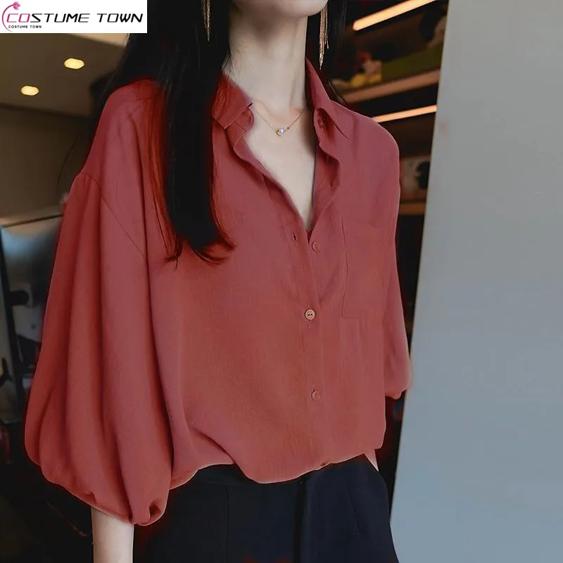 

2024 Summer New Korean Short sleeved Shirt Women's Chiffon Lantern Sleeve Top Retro Loose Solid Color Shirt Trend