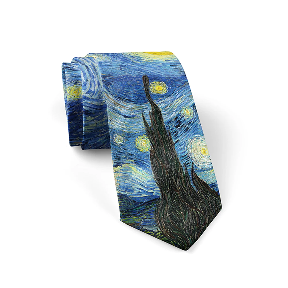 New 3d printed oil painting tie men's fun fashion business tie wedding party shirt accessories Van Gogh starry sunflower