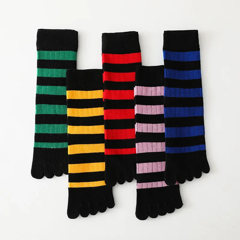 5 Pairs New Colorful Cotton Mid-Tube Five Finger Socks for Men Women Couple Japanese Style Fashion Striped Happy Crew Toe Socks