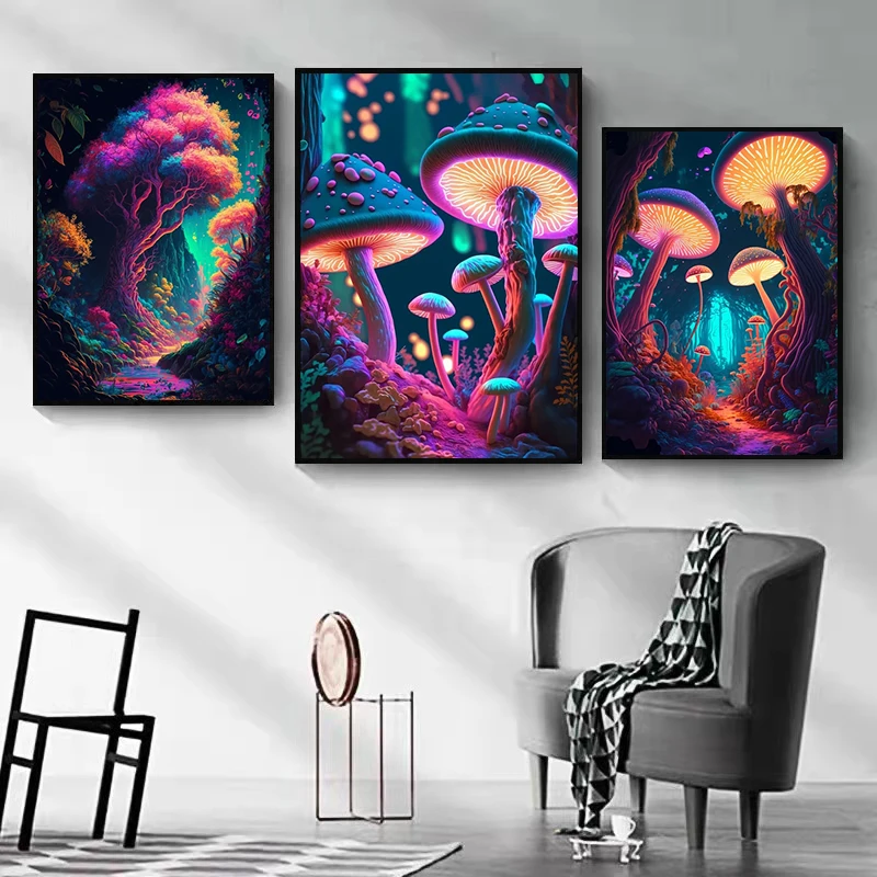 Canvas Painting Abstract Psychedelic Mushrooms Enchanted Forest Posters and Prints Colored Colored Wall Art For Living Room H