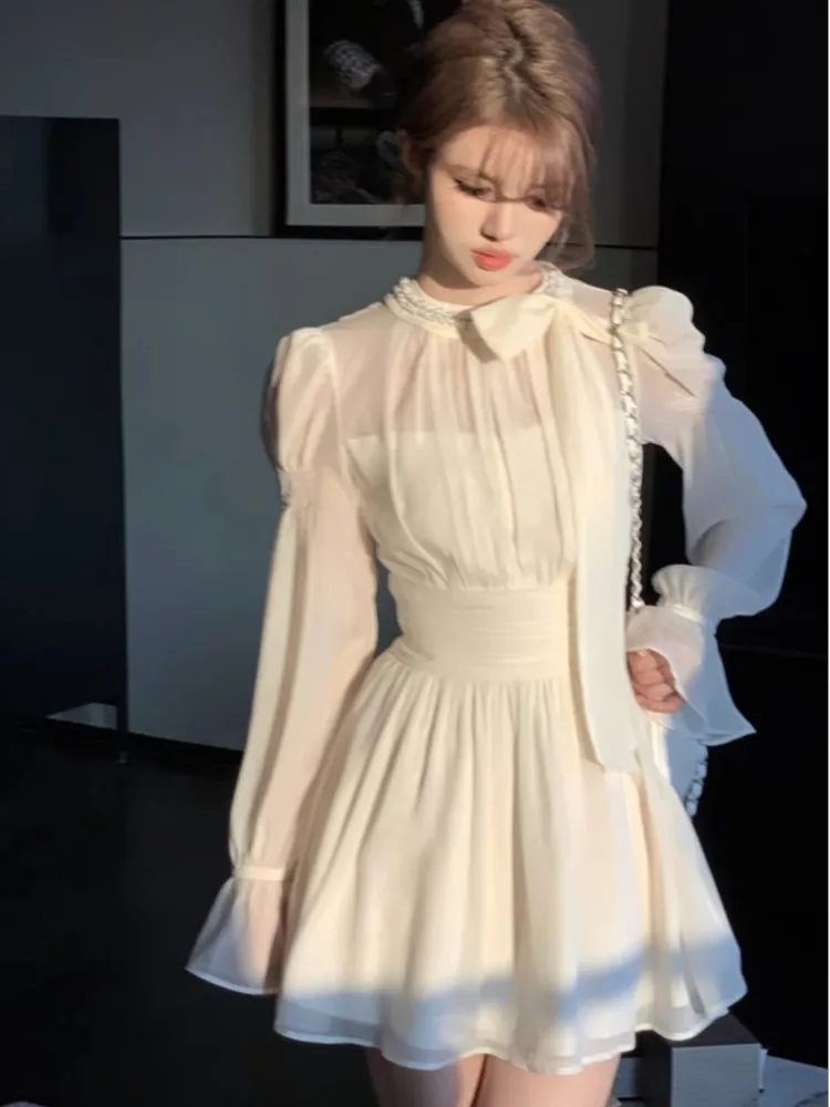 Elegant Chiffon Dress Women Solid Flare Sleeve Bow O-neck Autumn Spring Korean Style Y2K Evening Party Wedding Robe Vestidos New