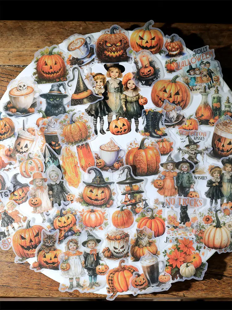 50pcs/bag Retro Halloween Pumpkin Tent Stickers Sulfuric Acid Paper Stickers Material Collage Decoration