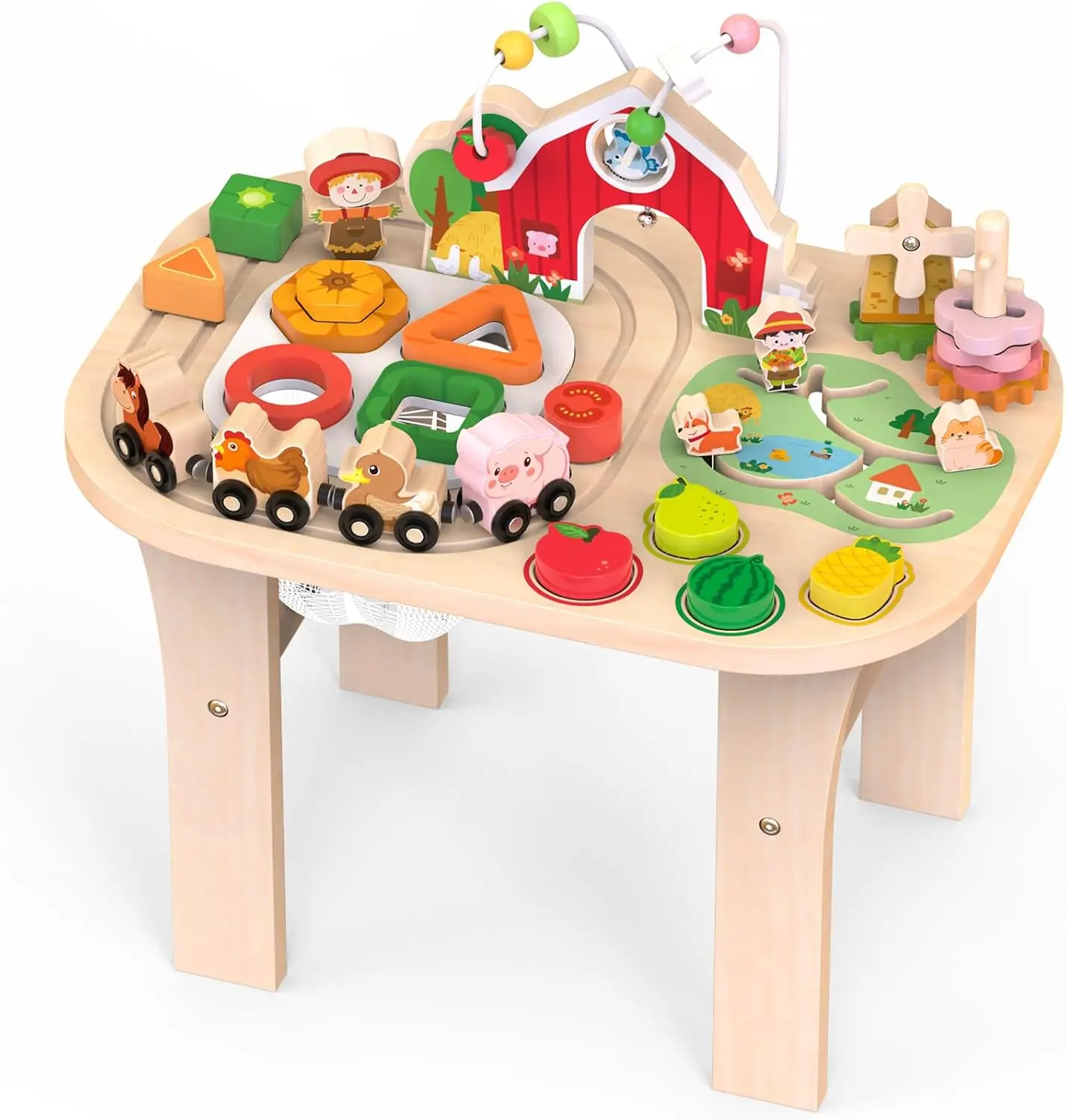 

Activity Table for 1 Year Old, Baby Wooden Sensory Table with Bead Maze Shape Sorter Train Track for Toddler, Farm Montessori To