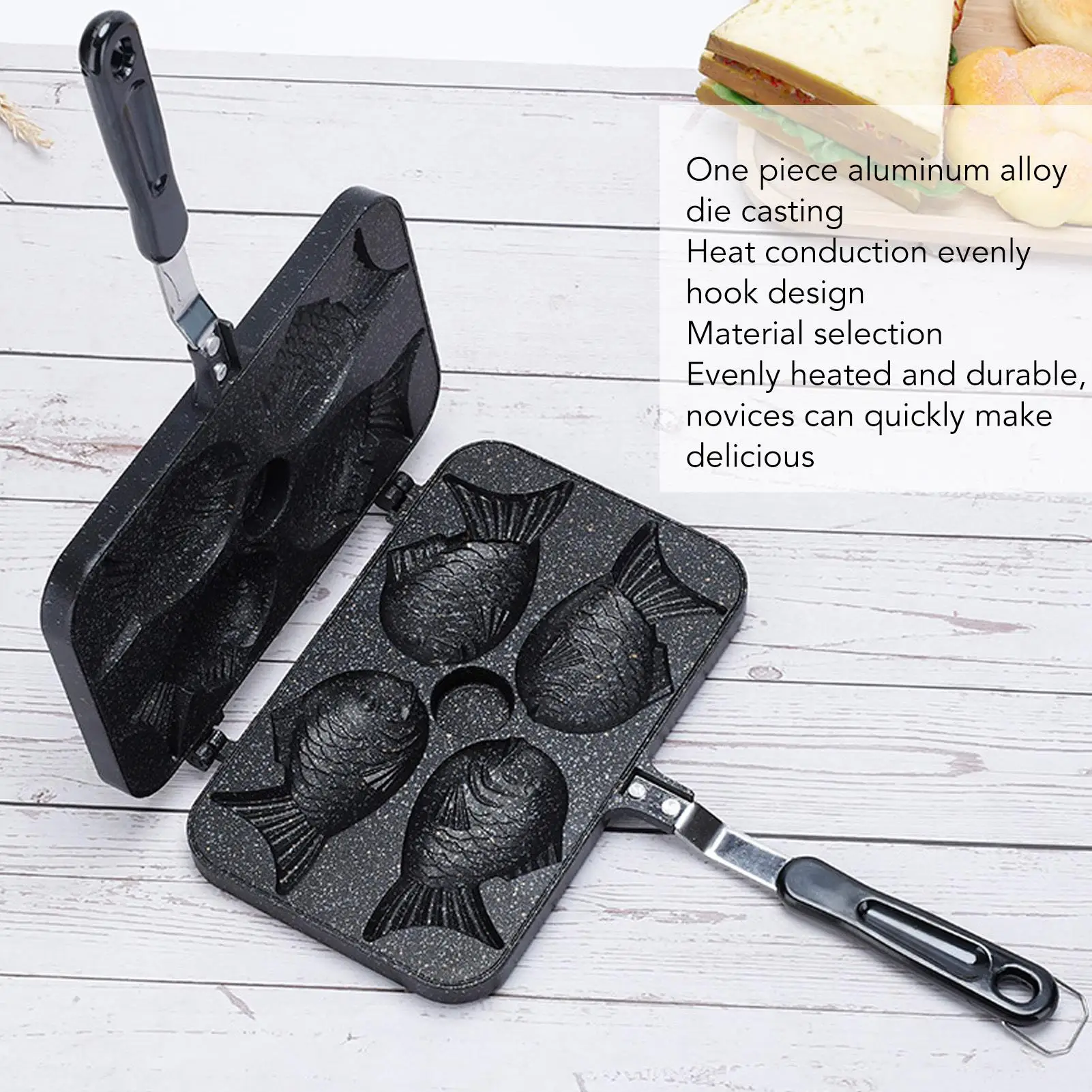 Taiyaki Frypan 4 Grid Non Stick Double Sided Black Handle Aluminium Waffle Maker for kitchen Cooking Tool