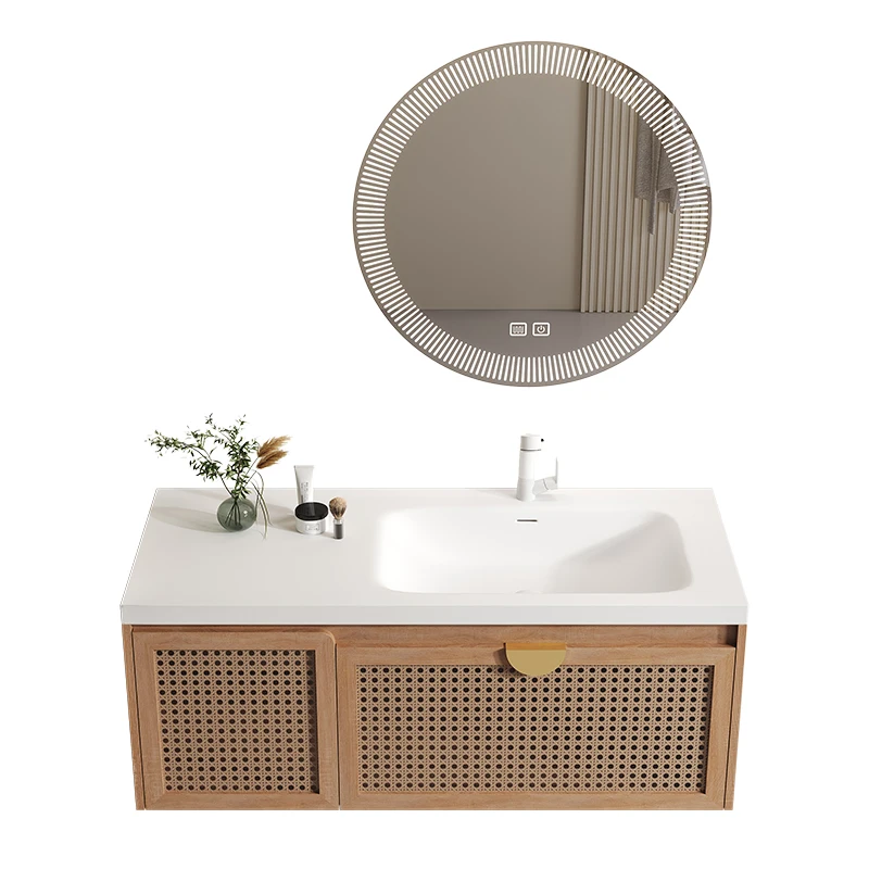

Rattan retro bathroom cabinet combination integrated basin oak walnut washstand custom log color