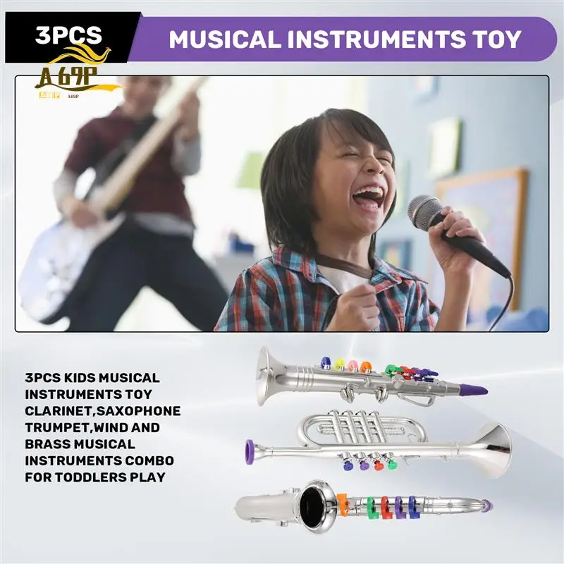 

A69P-3Pcs Kids Musical Instruments Toy Clarinet Wind And Brass Musical Instruments Combo Toy For Toddlers Play