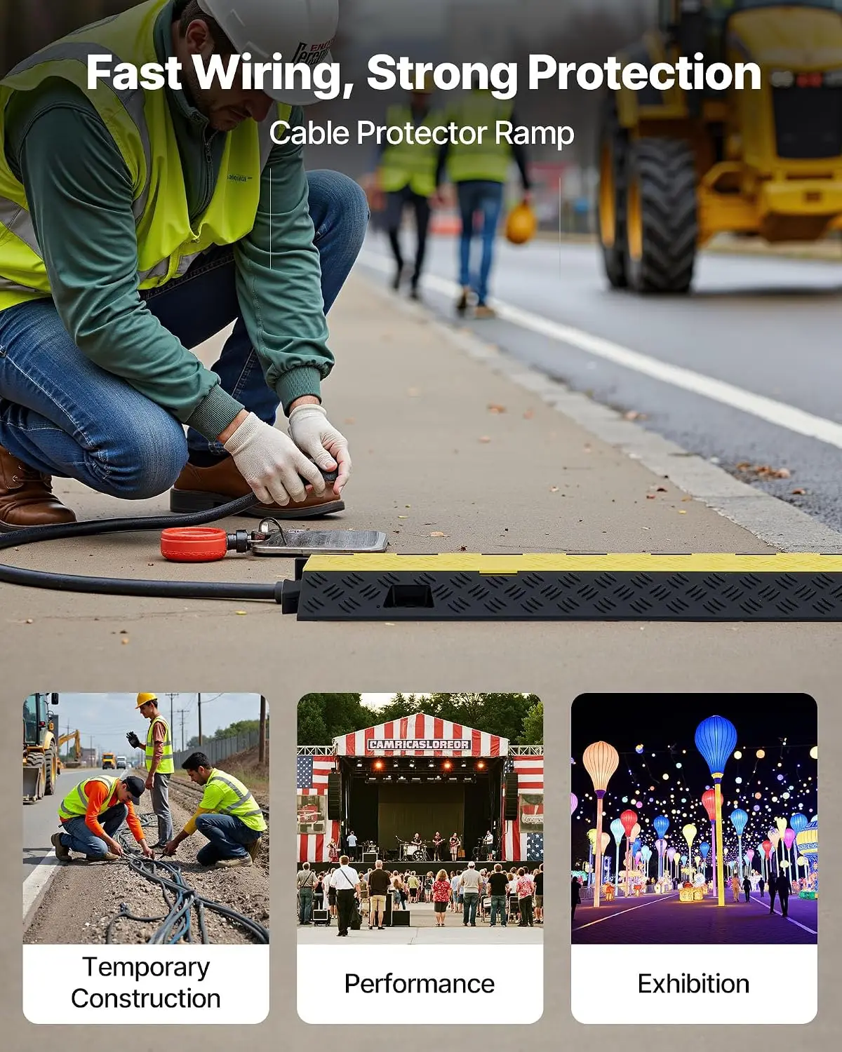 3-Channel Cable Protector Ramp with Flip-Open Top Cover, 22000 Lbs/Axle Capacity, Heavy Duty TPU Cord Cover for Indoor Outdoor Use, Traffic Speed Bump, 3 Pack