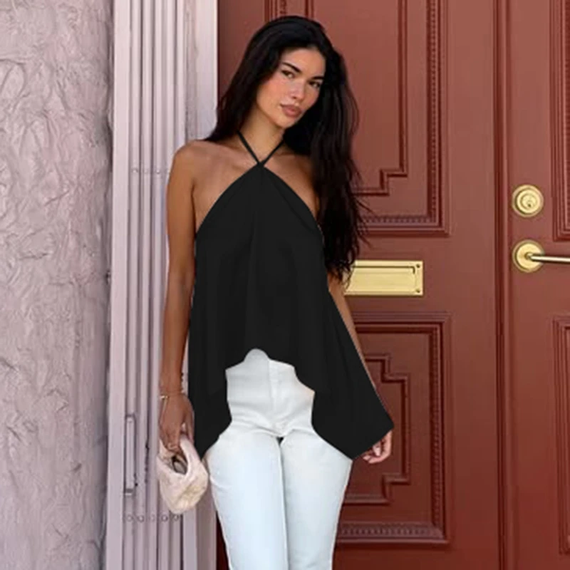 Hugcitar Modisches Neckholder-Top mit Schnürung, Rückenfreies, Unregelmäßiges, Einfarbiges, Sexy Crop-Top für Damen, Niedliche Kleidung für Strand, Urlaub und Party – Detail 24