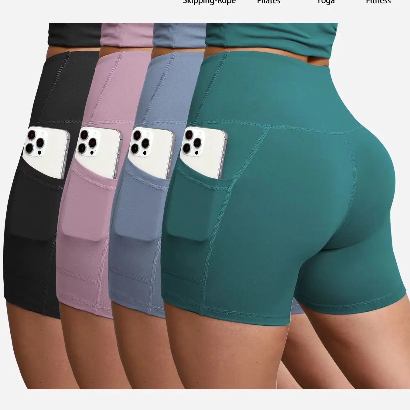 Women's Solid Color Yoga Hip Lifting Shorts With Pockets Summer High Waiste Outdoor Cycling Running Sports Shorts Gym Pilates