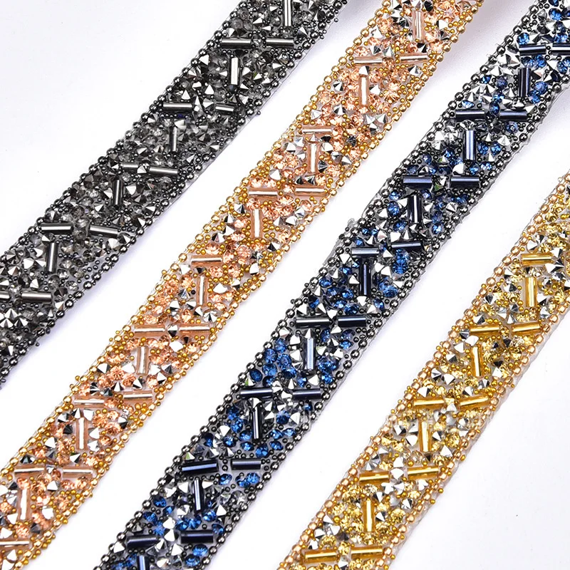 1Yard Rhinestone Trim Crystal Seed Beads Ribbon Geometric Crystal Tapes Glass Trimming for DIY Clothing Decorations Crafts