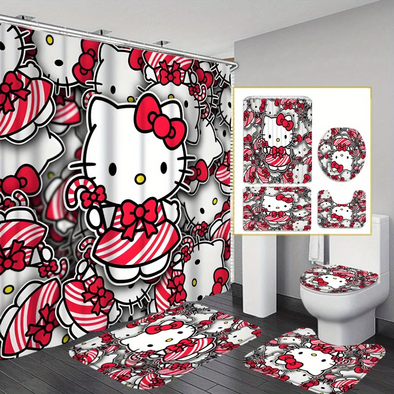 Open -1pc/4pcs Sanrio Hello Kitty, shower curtain, Merry Christmas, Merry Xmas, home decorations, Christmas gi