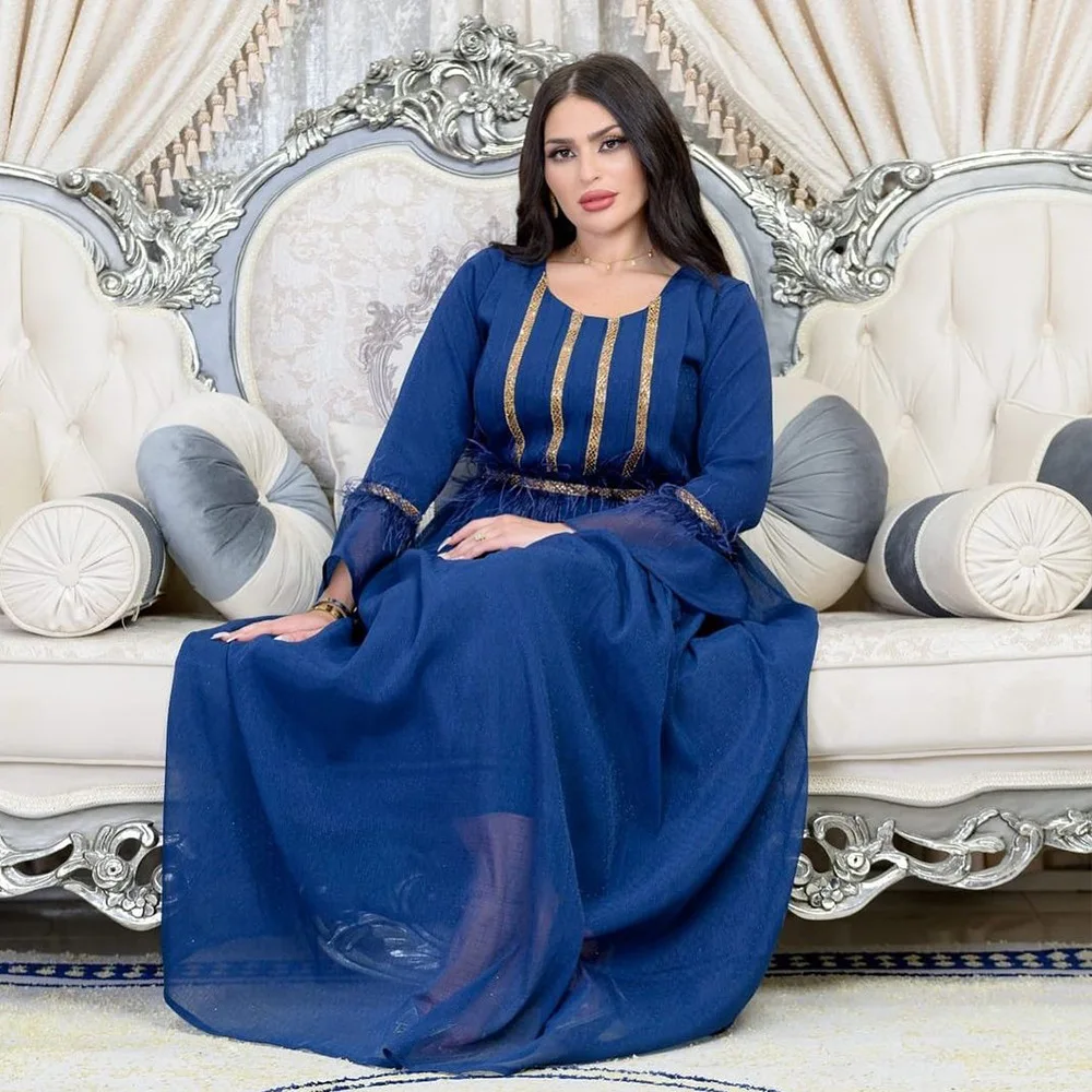 

Марокканское мусульманское искусственное платье, шифоновая абайя с перьями, Дубай, джалабия для женщин, элегантная скромная африканская мусульманская одежда, кафтан