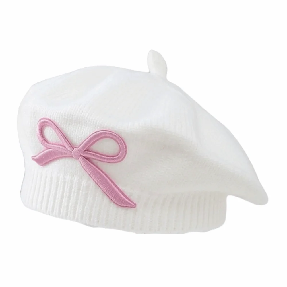 Stylish Soft Children Knitted Beret Warm Solid Color Bow Embroidery Painter Hat Elastic Polyester Beanie Cap Infant Toddler