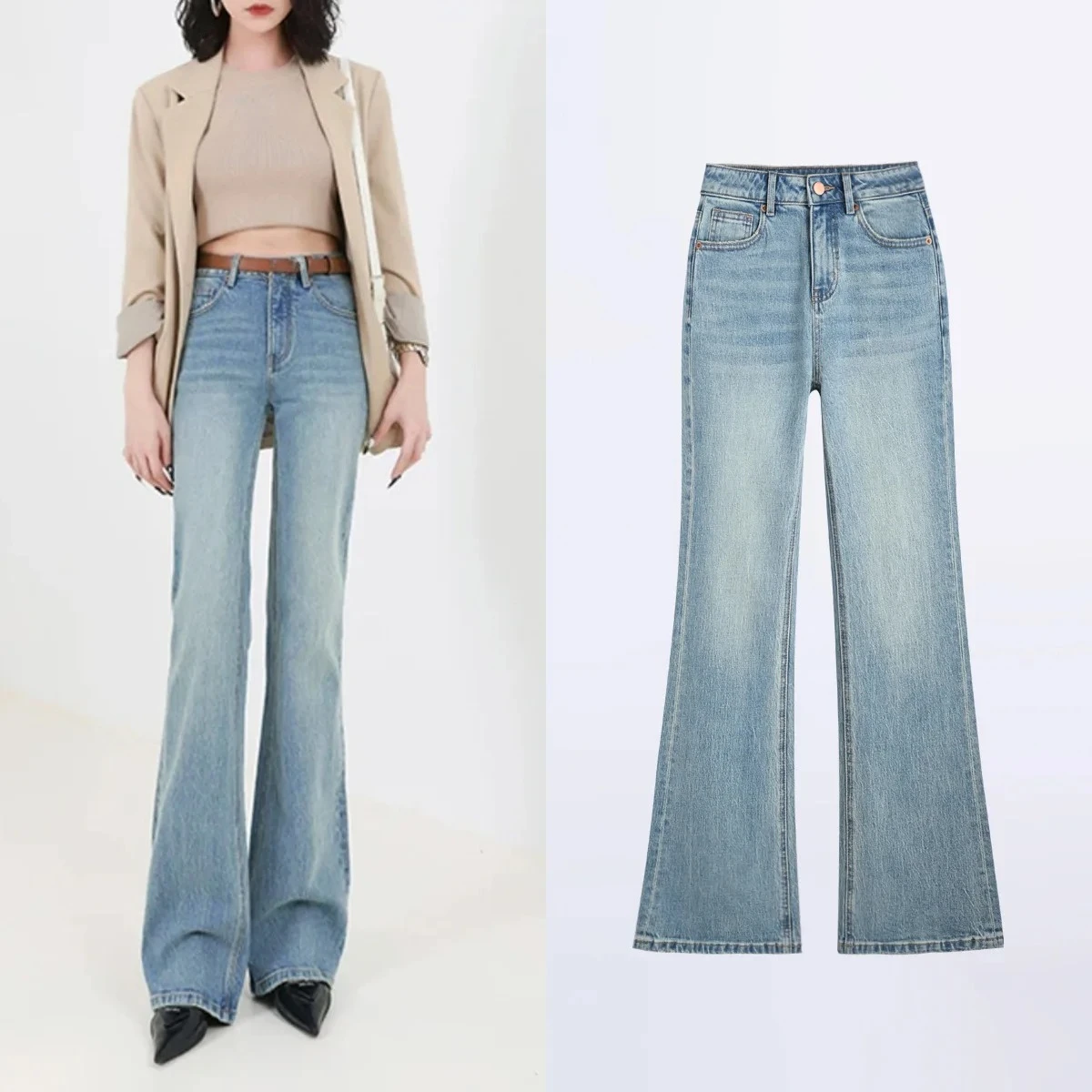 

High Street Fashion New Four Seasons Women Washed Retro Jeans Temperament Slimming Wash Slightly Flared Pants for Women Pants